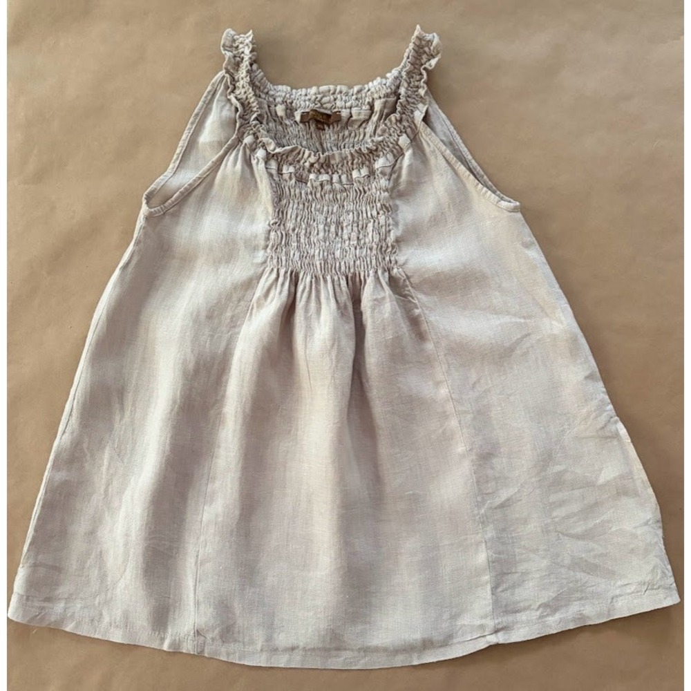 Piazza Roma Womens Linen Smocked Ruffle Top Beige XS Italy Lagenlook Minimalist